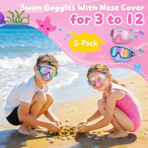 VegoVia 2 Pack Kids Swim Goggles with Nose Cover AntiFog UV Protection Swimming Goggles for Girl and Boy Youth 312Wide View - Image 3