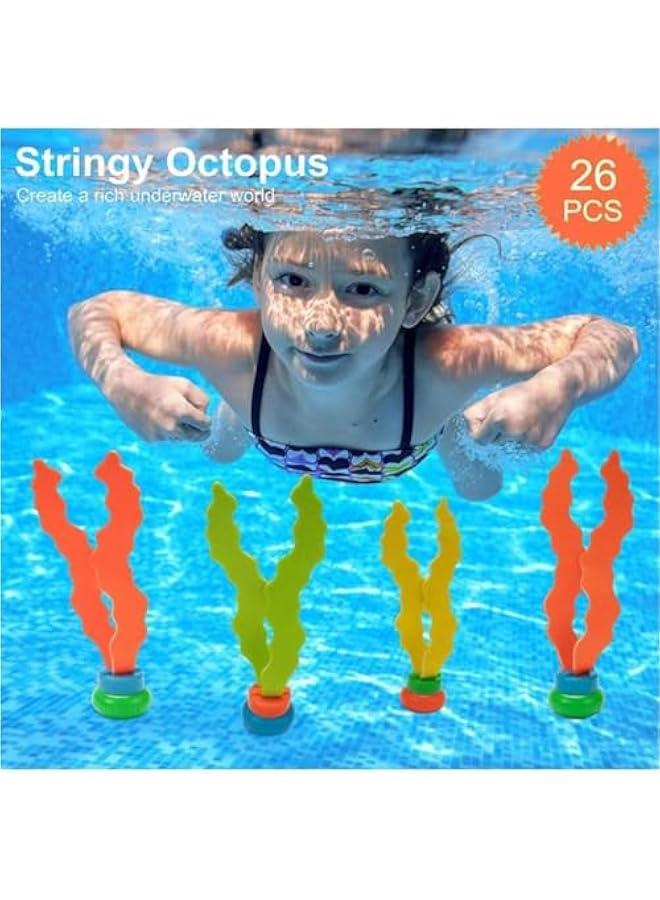 هوكور ألعاب غوص لحمام السباحة للأطفال والمراهقين مع حلقات وعصي للغوص وكنوز تحت الماء وألعاب أسماك تويبيدو بانديتس وغيرها، ألعاب سباحة مائية ممتعة للأولاد والبنات والبالغين من 26 قطعة، بلاستيك - Image 3