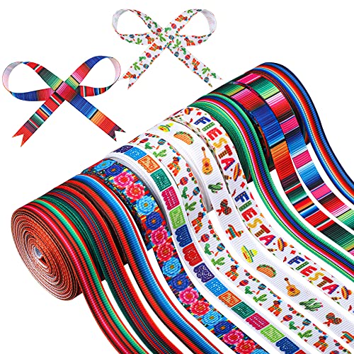 peony man 12 Rolls Fiesta Ribbon 3/8 Inch Mexican Serape Grosgrain Ribbons Colorful Stripes Pinata Cactus Guitar Decorative Ribbon for Cinco De Mayo Fiesta Party Mexican Theme Party Events, 60 Yards - Image 1