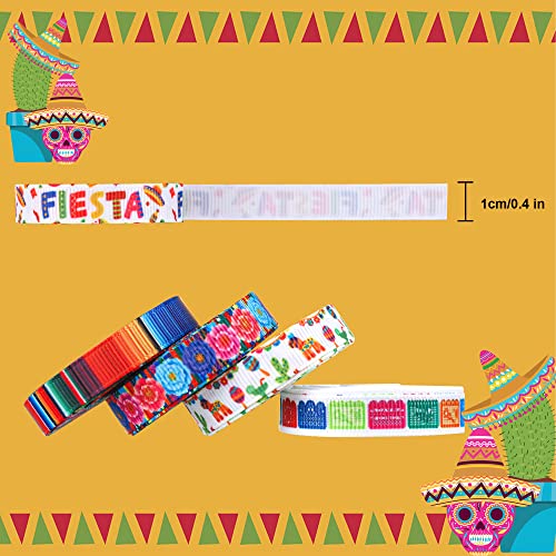 peony man 12 Rolls Fiesta Ribbon 3/8 Inch Mexican Serape Grosgrain Ribbons Colorful Stripes Pinata Cactus Guitar Decorative Ribbon for Cinco De Mayo Fiesta Party Mexican Theme Party Events, 60 Yards - Image 2