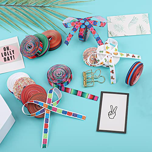 peony man 12 Rolls Fiesta Ribbon 3/8 Inch Mexican Serape Grosgrain Ribbons Colorful Stripes Pinata Cactus Guitar Decorative Ribbon for Cinco De Mayo Fiesta Party Mexican Theme Party Events, 60 Yards - Image 4