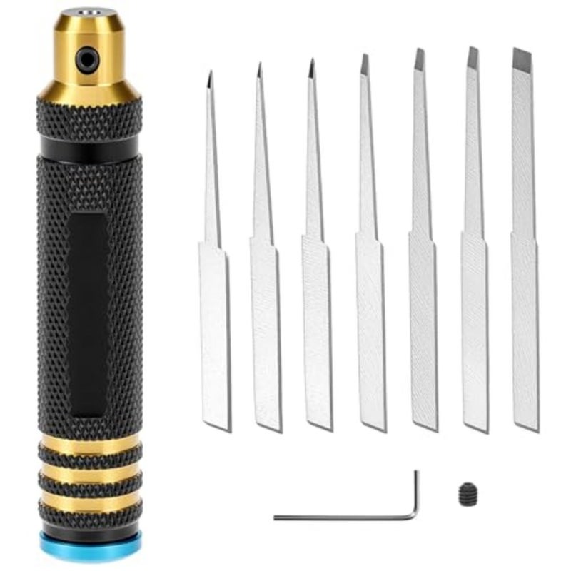 Model Scriber Tool with Tungsten Steel Blades, 7-Size Chisel Set 0.1-2.0mm for Scale Model and Carving, Precision Resin Handle Scribe Line Cutter - Image 1