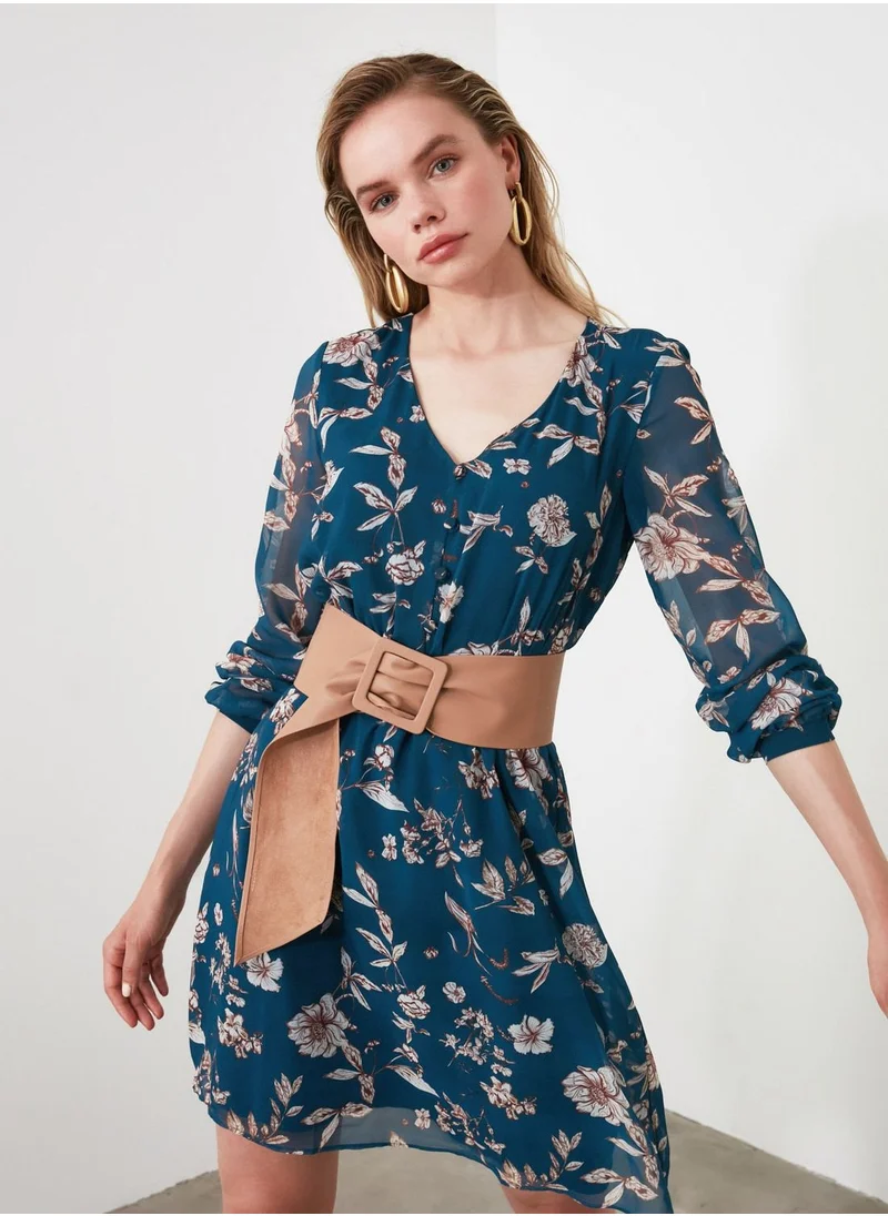 trendyol Sheer Sleeve Printed Dress
