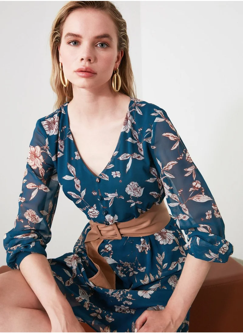trendyol Sheer Sleeve Printed Dress