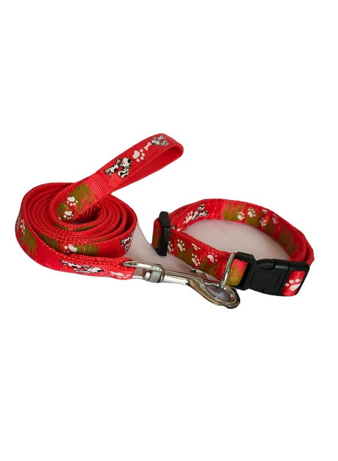 15 Mm Nylon Collar And Leash Set Puppy Printed With Bell, Adjustable Buckle Collar With Leash Set Ideal For Training/Walking Small & Medium Dogs (Red) - Image 2