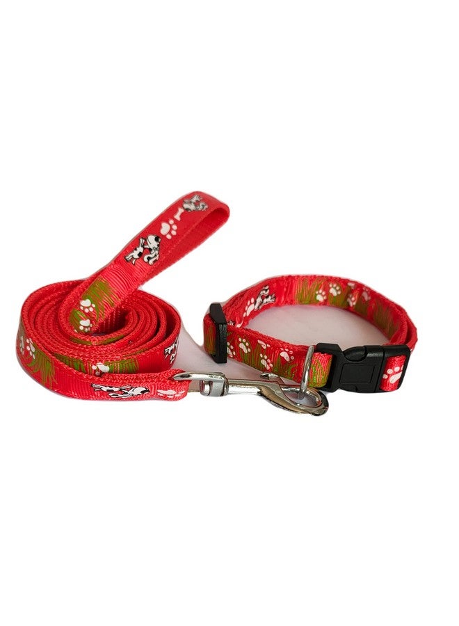15 Mm Nylon Collar And Leash Set Puppy Printed With Bell, Adjustable Buckle Collar With Leash Set Ideal For Training/Walking Small & Medium Dogs (Red) - Image 1