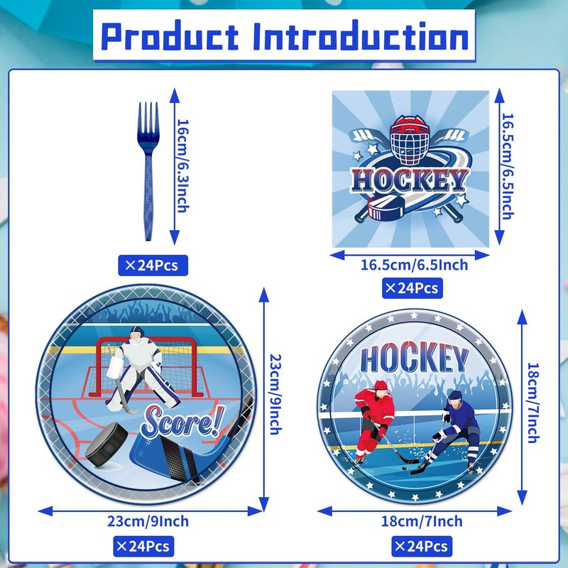 Rakuto Hockey Birthday Decorations Supplies  96PCS Disposable Hockey Paper Plates and Napkins Forks  Sports Party Baby Shower Decor Tableware Set Dinnerware (24 Guests) - Image 2