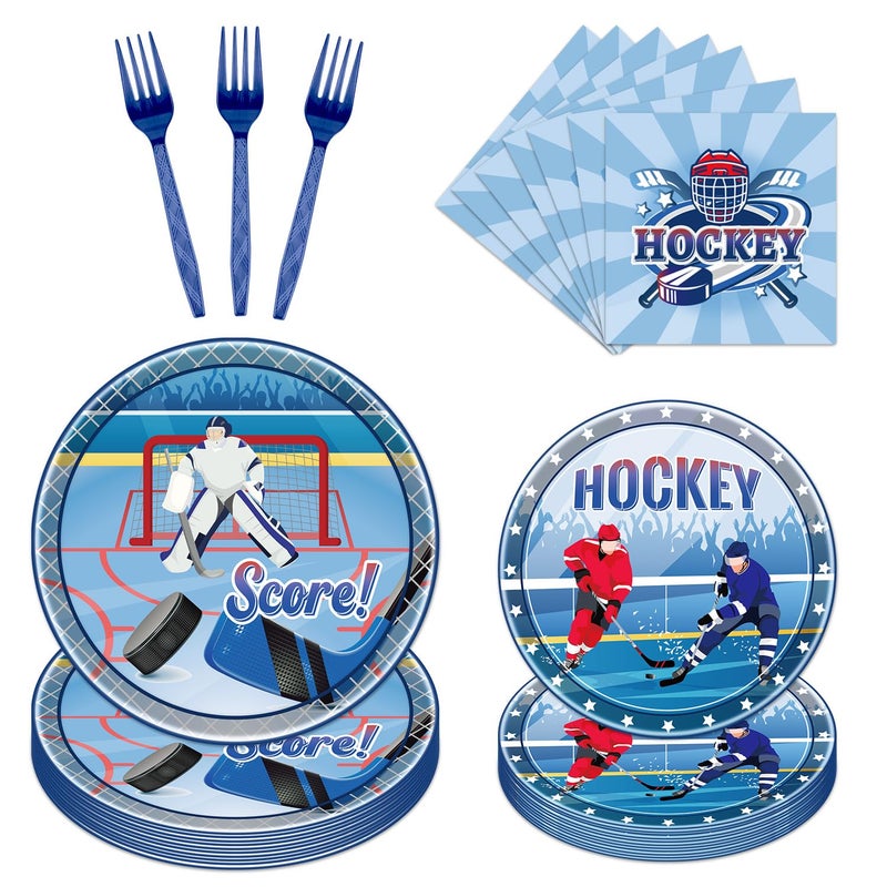 Rakuto Hockey Birthday Decorations Supplies  96PCS Disposable Hockey Paper Plates and Napkins Forks  Sports Party Baby Shower Decor Tableware Set Dinnerware (24 Guests) - Image 1