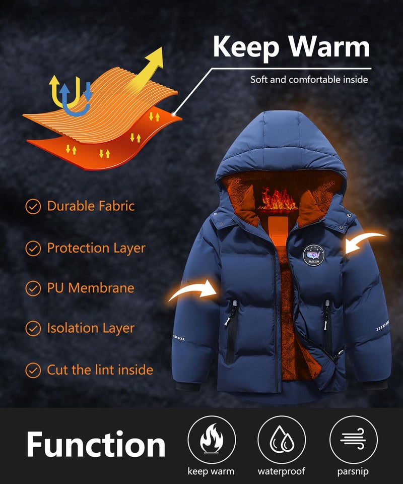 BYLESIN Kids Boy's Winter Coat Fleece Lined Waterproof Jacket Puffy Cotton Coat Thick Hooded Down Outdoor Coats - Image 4