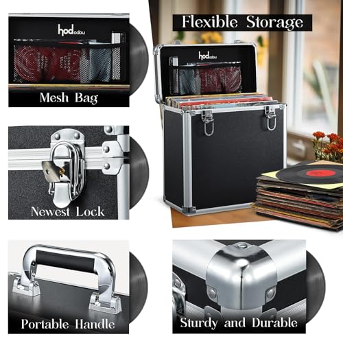 Hododou Vinyl Record Storage Case LP Album Collection Display Box Aluminium Water Resistant Vinyl Record Organizer Storage Holds 30+ Valuable Records 7/10/12 Inch Collapsible Storage Crate with Mesh Bag Black - Image 5