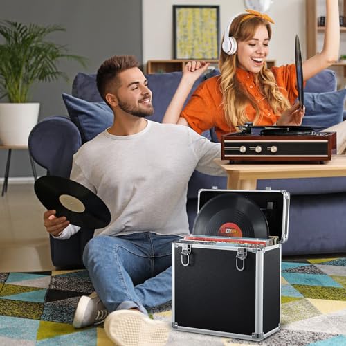Hododou Vinyl Record Storage Case LP Album Collection Display Box Aluminium Water Resistant Vinyl Record Organizer Storage Holds 30+ Valuable Records 7/10/12 Inch Collapsible Storage Crate with Mesh Bag Black - Image 2