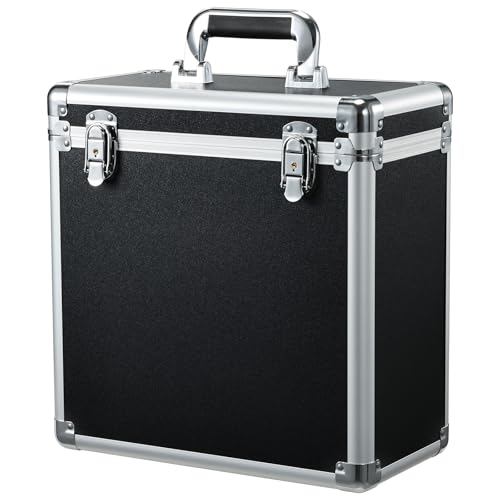 Hododou Vinyl Record Storage Case LP Album Collection Display Box Aluminium Water Resistant Vinyl Record Organizer Storage Holds 30+ Valuable Records 7/10/12 Inch Collapsible Storage Crate with Mesh Bag Black - Image 1