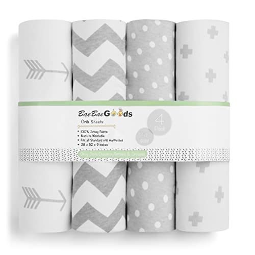 BaeBae Goods Premium Crib Sheets for Baby Boys and Girls, 4 Pack, Soft and Breathable Jersey Knit Fitted Sheet Set, Grey and White, Cute Gender Neutral Nursery Mattress Bedding, Universal Fit - Image 1
