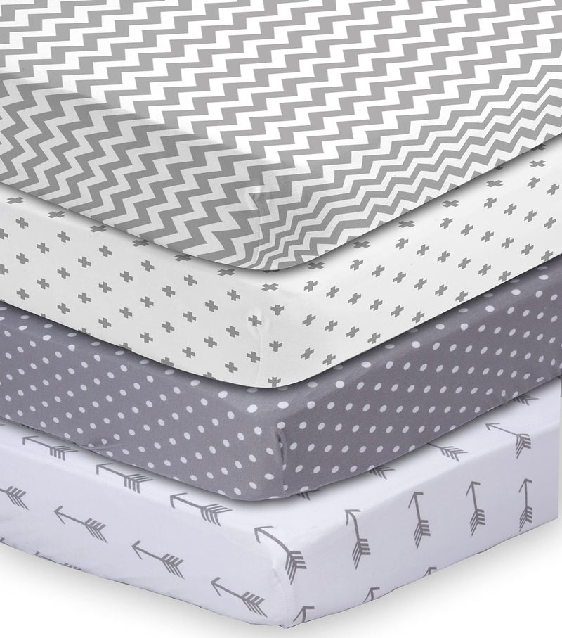 BaeBae Goods Premium Crib Sheets for Baby Boys and Girls, 4 Pack, Soft and Breathable Jersey Knit Fitted Sheet Set, Grey and White, Cute Gender Neutral Nursery Mattress Bedding, Universal Fit - Image 3