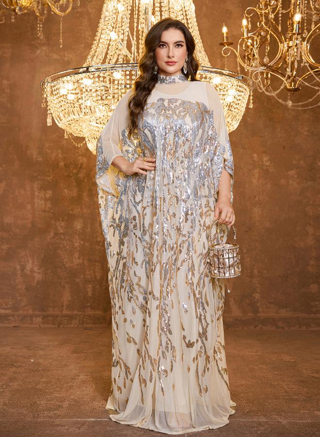 SUPGIR Plus Size Beige Embellished Sequin Maxi Kaftan Dress - Image 1