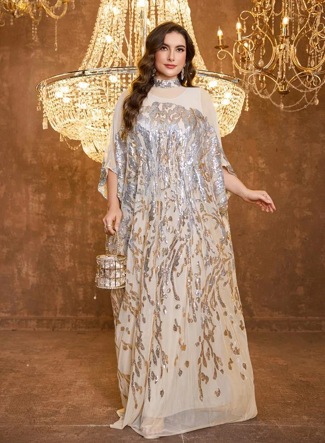 SUPGIR Plus Size Beige Embellished Sequin Maxi Kaftan Dress