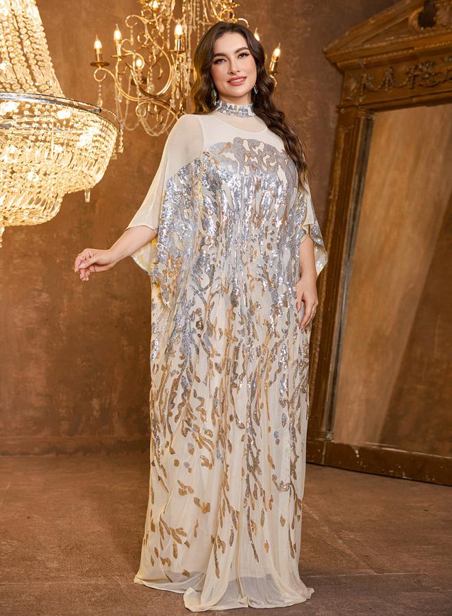 SUPGIR Plus Size Beige Embellished Sequin Maxi Kaftan Dress - Image 5