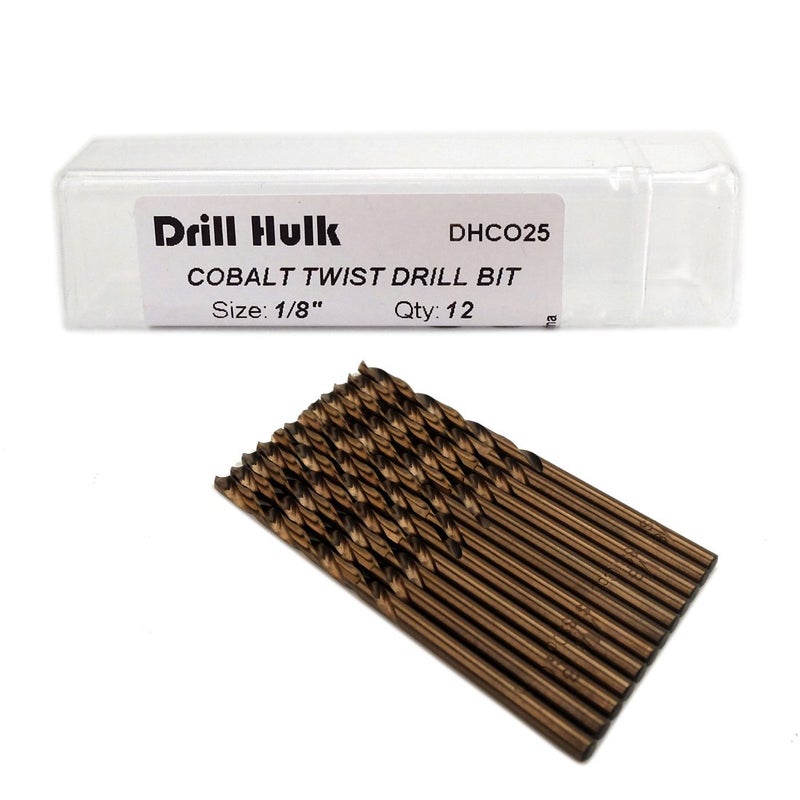 Drill Hulk 1/8-Inch Cobalt Steel M35 Jobber Length Twist Drill Bits for Hard Metal, Stainless Steel, Pack of 12 - Image 1