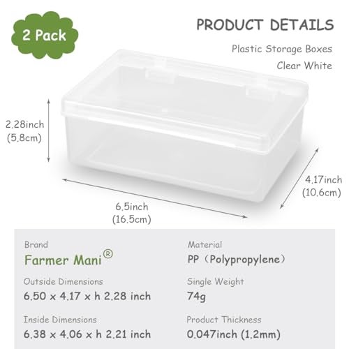 Farmer Mani 2 Pack Rectangle Small Storage Containers Box 6.5 x 4.17 x 2.28 inch, Clear Plastic Storage Containers Box for Collecting Small Items, Beads, Game Pieces, Business Cards, Crafts Accessories - Image 2