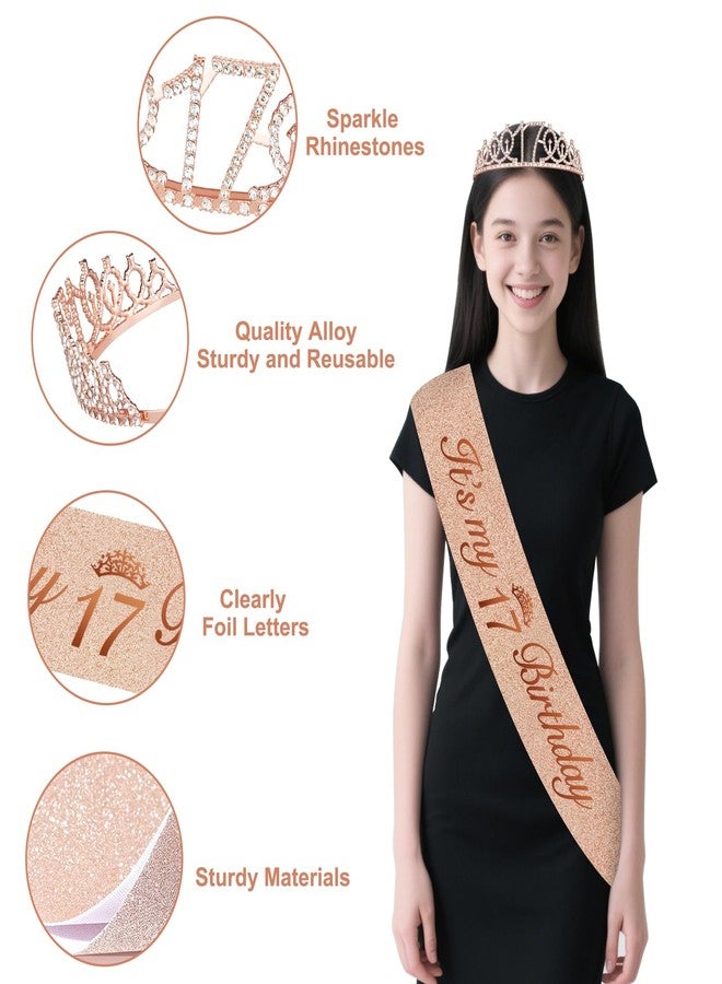Juesly 17th Birthday Decorations for Girls, 49pcs Black Rose Gold Black Banner, Tablecloth, Butterfly Decor, 17th Birthday Sash and Tiara, Cake Topper, Candles, Balloons Arch - Image 4