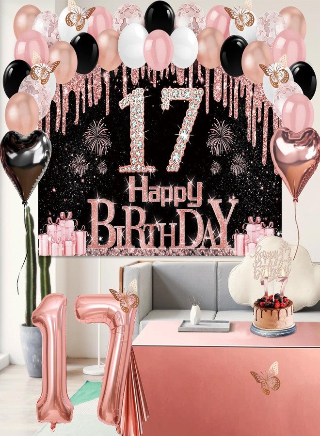 Juesly 17th Birthday Decorations for Girls, 49pcs Black Rose Gold Black Banner, Tablecloth, Butterfly Decor, 17th Birthday Sash and Tiara, Cake Topper, Candles, Balloons Arch - Image 5