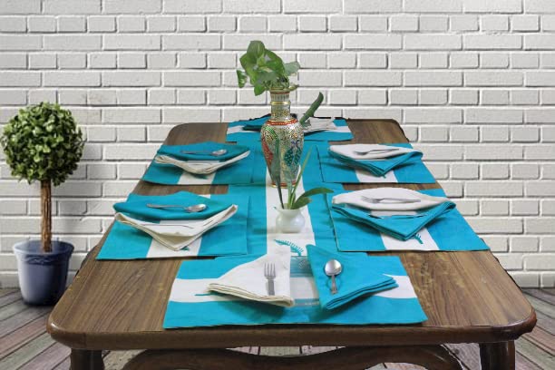 Dekor World 13 Piece Cotton Adornado Leaf Embroidery Collection Table Runner with Place Mat and Napkin (Aqua, 33x120 cm or 13x48 Inches or 4 Seater Table)-for Dining & Center Table - Image 2