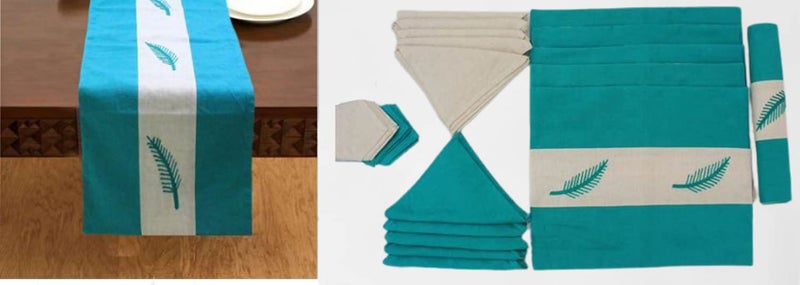 Dekor World 13 Piece Cotton Adornado Leaf Embroidery Collection Table Runner with Place Mat and Napkin (Aqua, 33x120 cm or 13x48 Inches or 4 Seater Table)-for Dining & Center Table - Image 1