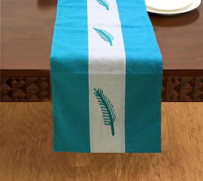 Dekor World 13 Piece Cotton Adornado Leaf Embroidery Collection Table Runner with Place Mat and Napkin (Aqua, 33x120 cm or 13x48 Inches or 4 Seater Table)-for Dining & Center Table - Image 3