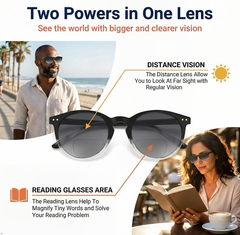 Eyekepper Keyhole Style Spring Hinge Round Bifocal Sunglasses Sun Reader Black Clear +3.0 - Image 3