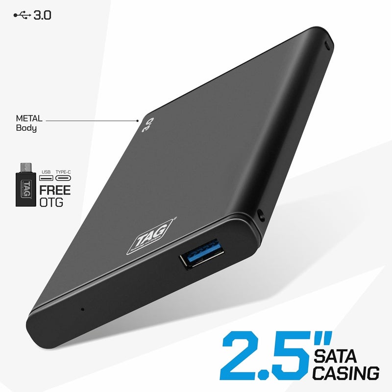 tag 2.5 inch SATA Casing USB 3.0 HDD/SSD Portable Metal External Enclosure | Free OTG USB to Type-C | Fast Transfer Speeds Upto 5Gbps | On-The-Go Storage | Data Backup | Supports Up To 6TB HDD (Black) - Image 2