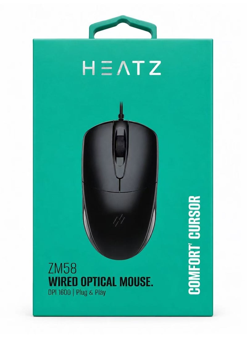 HΞΛTZ ZM58 Wired Optical Mouse 1600 DPI USB Plug & Play High Precision Comfortable Design for PC & Laptop Black