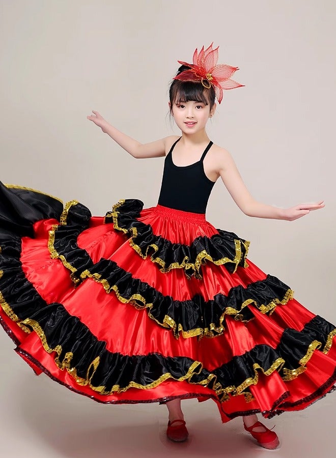 Al Aoyama Girls Red Ruffles Layers Satin Long Skirt for Spanish Flamenco Belly Dance Gypsy Folklorico for Kids Girls Costume 8-12 Years - Image 2