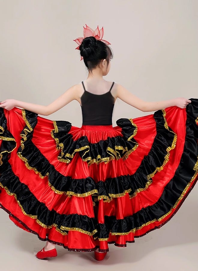 Al Aoyama Girls Red Ruffles Layers Satin Long Skirt for Spanish Flamenco Belly Dance Gypsy Folklorico for Kids Girls Costume 8-12 Years - Image 3
