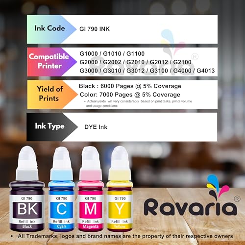 Ravaria GI 790 Ink Compatible Ink for Canon Pixma g1000 / G1010 / G1100 / G2000 / G2002 / G2010 / G2012 / G2100 / G3000 / G3010 / G3012 / G3100 / G4000 / G4013 - Image 2