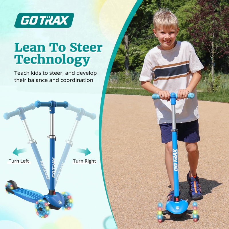 Gotrax KS1 Kids Kick Scooter, LED Lighted Wheels and 3 Adjustable Height Handlebars, Lean-to-Steer & Widen Anti-Slip Deck, 3 Wheel Scooter for Boys & Girls Ages 2-8 and up to 100 Lbs (Blue) - Image 3
