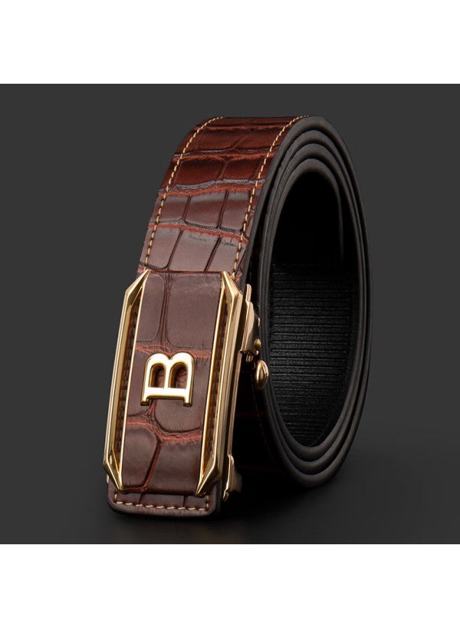 Cow Leather Belt For Men, Automatic Buckle, Cowhide, Middle-aged And Young, Genuine Leather Waist Belt, Birthday Gift, 919 Coffee Color With Gold Buckle - Image 1