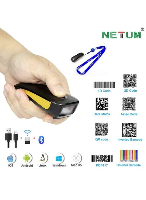 NETUM 1D 2D ماسح رمز QR ، ماسح الباركود المصغر متوافق مع Bluetooth ، ماسح رمز الشريط USB المحمول الصغير للمخزون ، قارئ الصورة اللاسلكي 2.4G للجهاز اللوحي iPhone iPad Android iOS PC POS