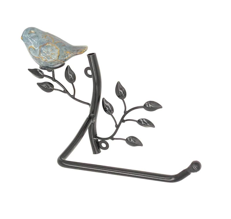 OwlGift Wall Mounted Metal Toilet Tissue Holder w/Ceramic Bird, Roll Organizer for Bathroom â€“ Black - Image 1