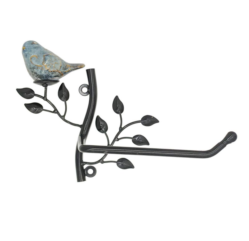 OwlGift Wall Mounted Metal Toilet Tissue Holder w/Ceramic Bird, Roll Organizer for Bathroom â€“ Black - Image 3