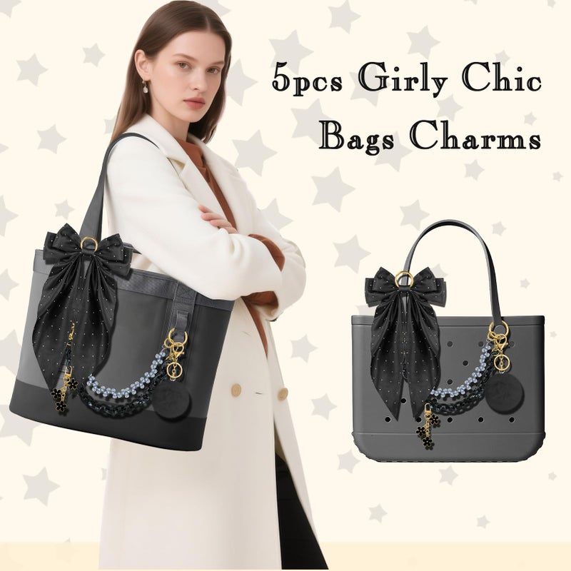 WUQID 5PCS Tote Bag Charms Kit, Bag Accessories for YETI Camino 20/35/50 Carryall & Bogg Beach Tote Bag Decor Kit, Bow, Plush Ball, Flowers Charm, Cuba & Decorative Chain for Girls Women - Image 4