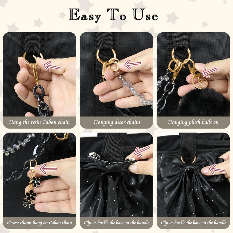 WUQID 5PCS Tote Bag Charms Kit, Bag Accessories for YETI Camino 20/35/50 Carryall & Bogg Beach Tote Bag Decor Kit, Bow, Plush Ball, Flowers Charm, Cuba & Decorative Chain for Girls Women - Image 5