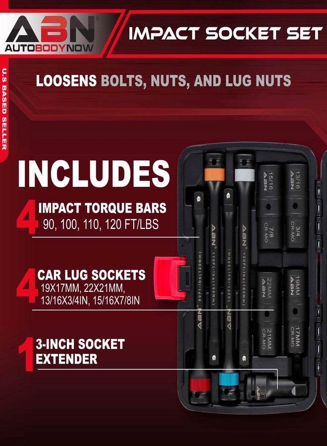ABN 1/2in Drive Impact Socket Set Metric 17-22mm SAE 3/4-15/16in 9pc Lug Nut Torque Stick Extension Limiter 90-120 ft/lb - Image 2