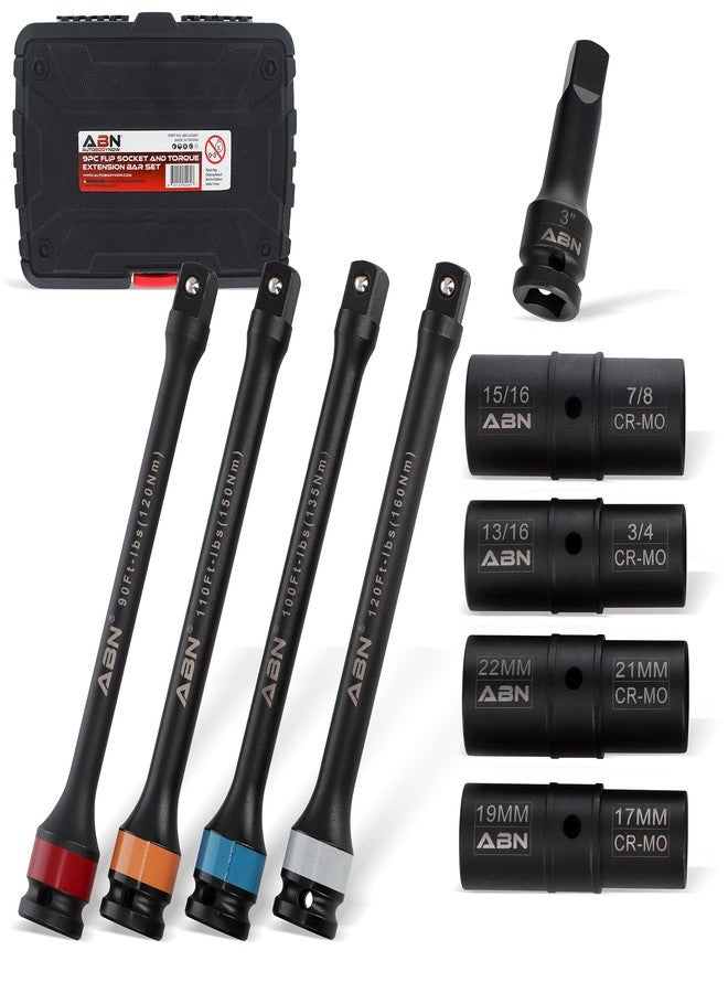 ABN 1/2in Drive Impact Socket Set Metric 17-22mm SAE 3/4-15/16in 9pc Lug Nut Torque Stick Extension Limiter 90-120 ft/lb - Image 1