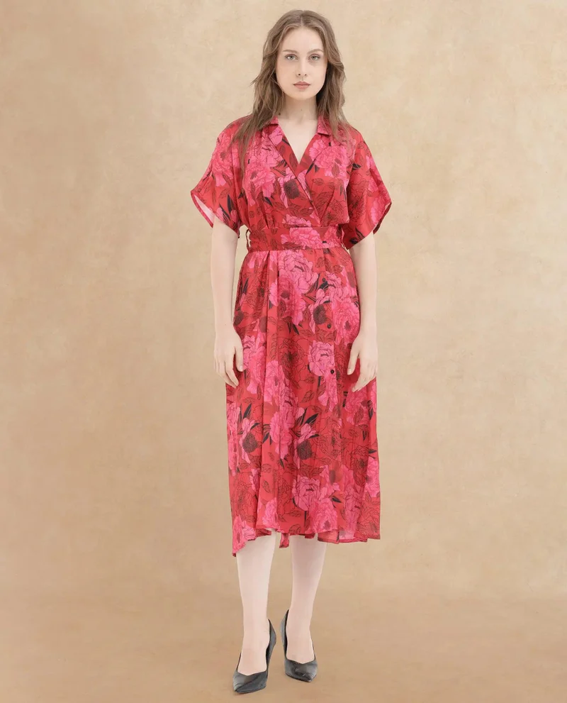 ريريزم Rareism Women Felik Red Polyester Fabric Short Sleeves Button Closure Lapel Neck Extended Sleeve Relaxed Fit Floral Print Midi Dress