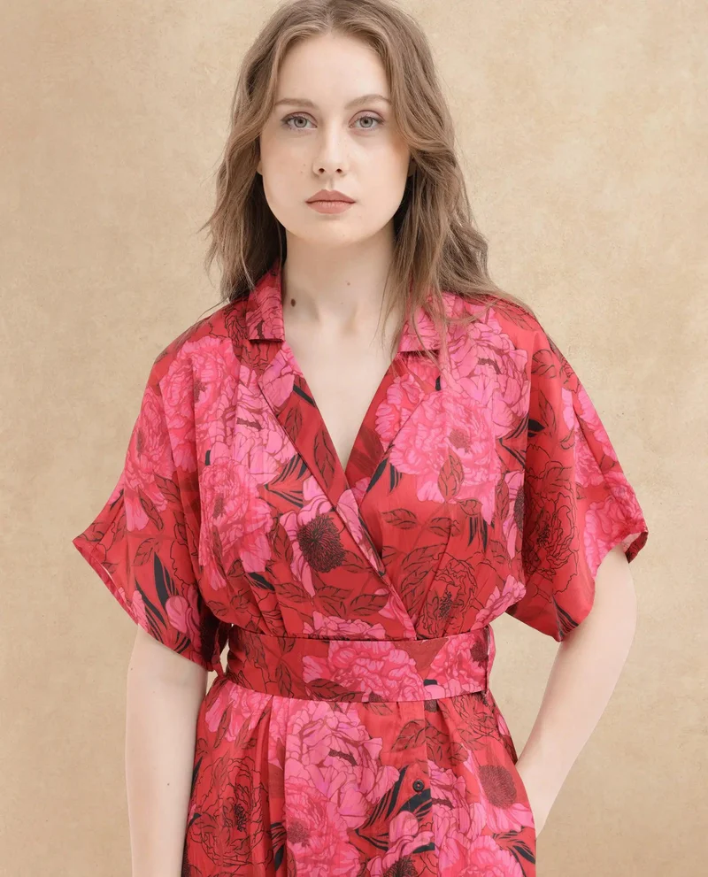 ريريزم Rareism Women Felik Red Polyester Fabric Short Sleeves Button Closure Lapel Neck Extended Sleeve Relaxed Fit Floral Print Midi Dress