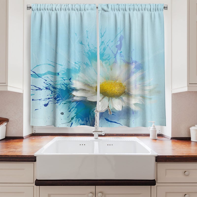 Ambesonne Flower Kitchen Curtains  Oil Painting Chamomile Pattern with Splash on Background Image Pastoral Expression  Window Drapes 2 Panel Set for Kitchen Cafe Decor  55"" x 39""  Eggshell Blue - Image 2