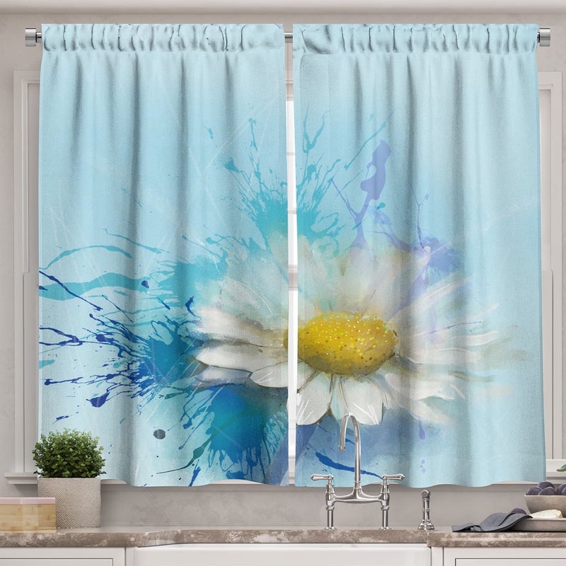 Ambesonne Flower Kitchen Curtains  Oil Painting Chamomile Pattern with Splash on Background Image Pastoral Expression  Window Drapes 2 Panel Set for Kitchen Cafe Decor  55"" x 39""  Eggshell Blue - Image 1