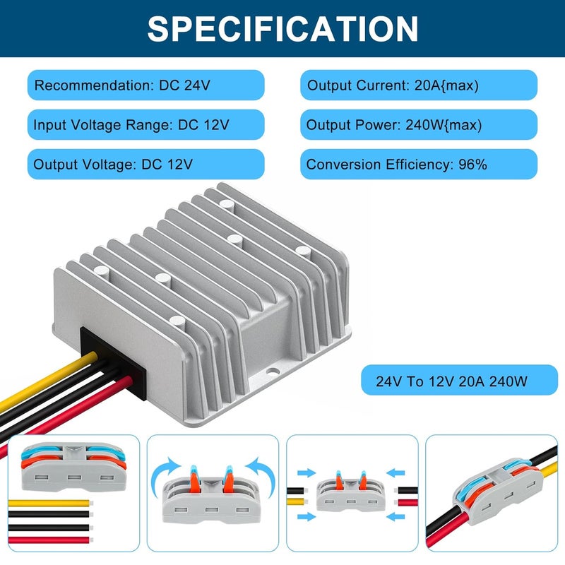 SUPERNIGHT DC Voltage Reducer DC 24V Step Down to 12V 20A 240W Voltage Regulator Power Converter Waterproof Module Transformer for Golf Cart Club Car Truck - Image 2