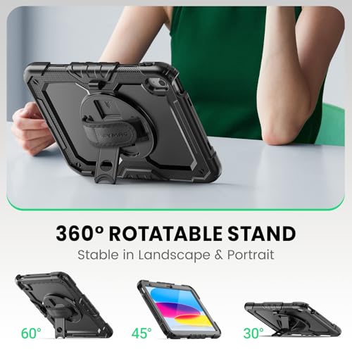 SEYMAC Case for iPad (A16) 11th/10th Generation 2025/2022 (11″/10.9″), Sturdy Heavy Duty Full-Body Shockproof Protective Case with Screen Protector, Rotating Stand, Hand/Shoulder Strap, Black - Image 4