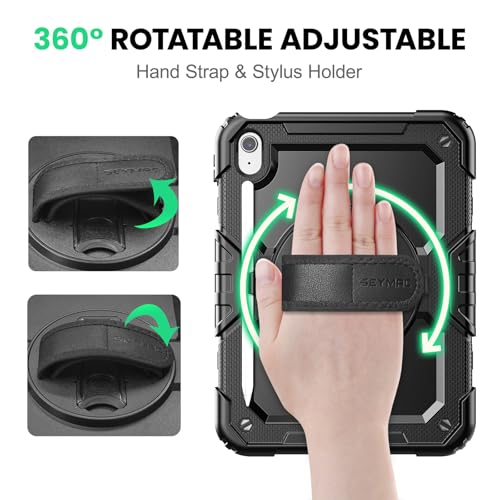 SEYMAC Case for iPad (A16) 11th/10th Generation 2025/2022 (11″/10.9″), Sturdy Heavy Duty Full-Body Shockproof Protective Case with Screen Protector, Rotating Stand, Hand/Shoulder Strap, Black - Image 3